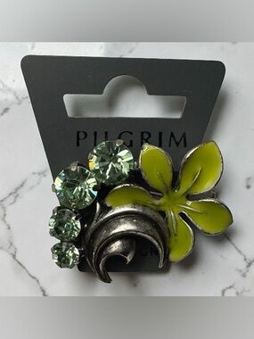 Vintage Pilgrim Light Green Crystal and Lime Green Enamel Flower Brooch